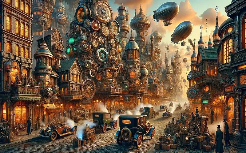 DALL·E 2023 12 30 17.35.22 A steampunk world depicting an imaginative and vibrant scene filled with elements typical of the genre. The landscape is dominated by intricate bras