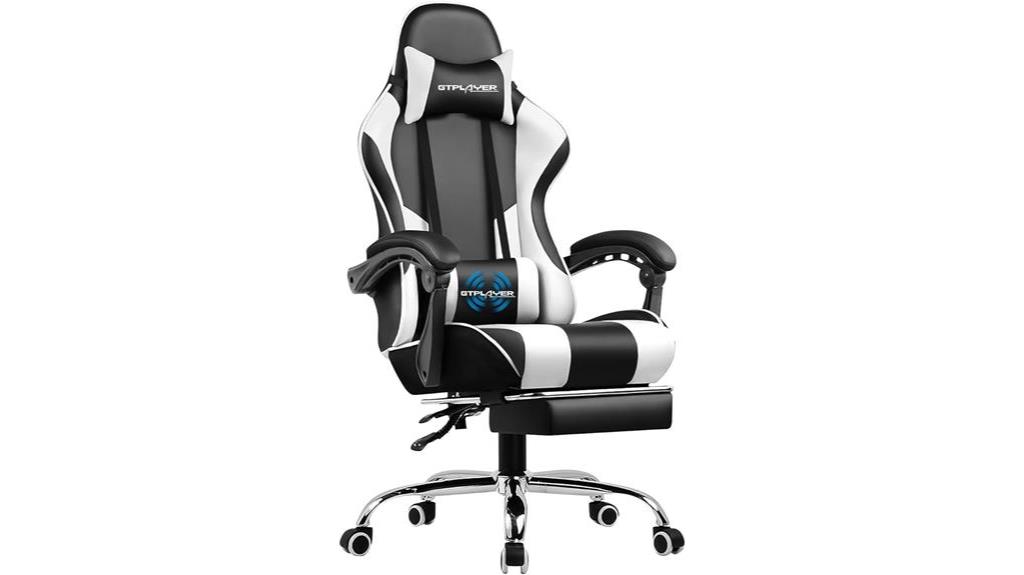 white gaming chair with footrest and lumbar support